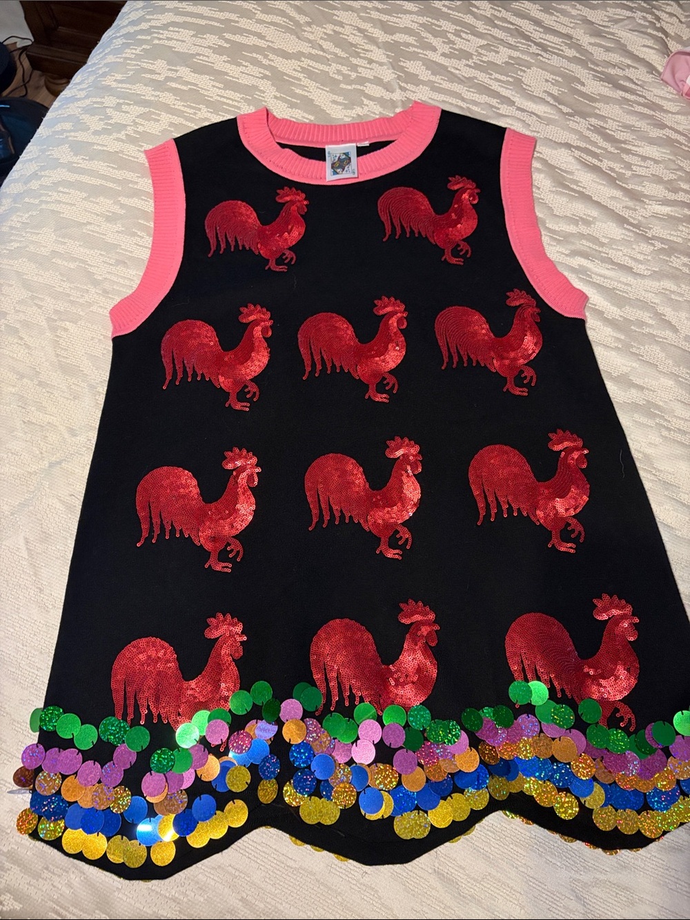 Black Sleeveless Dress with Pink Trim & Red Rooster Appliqués